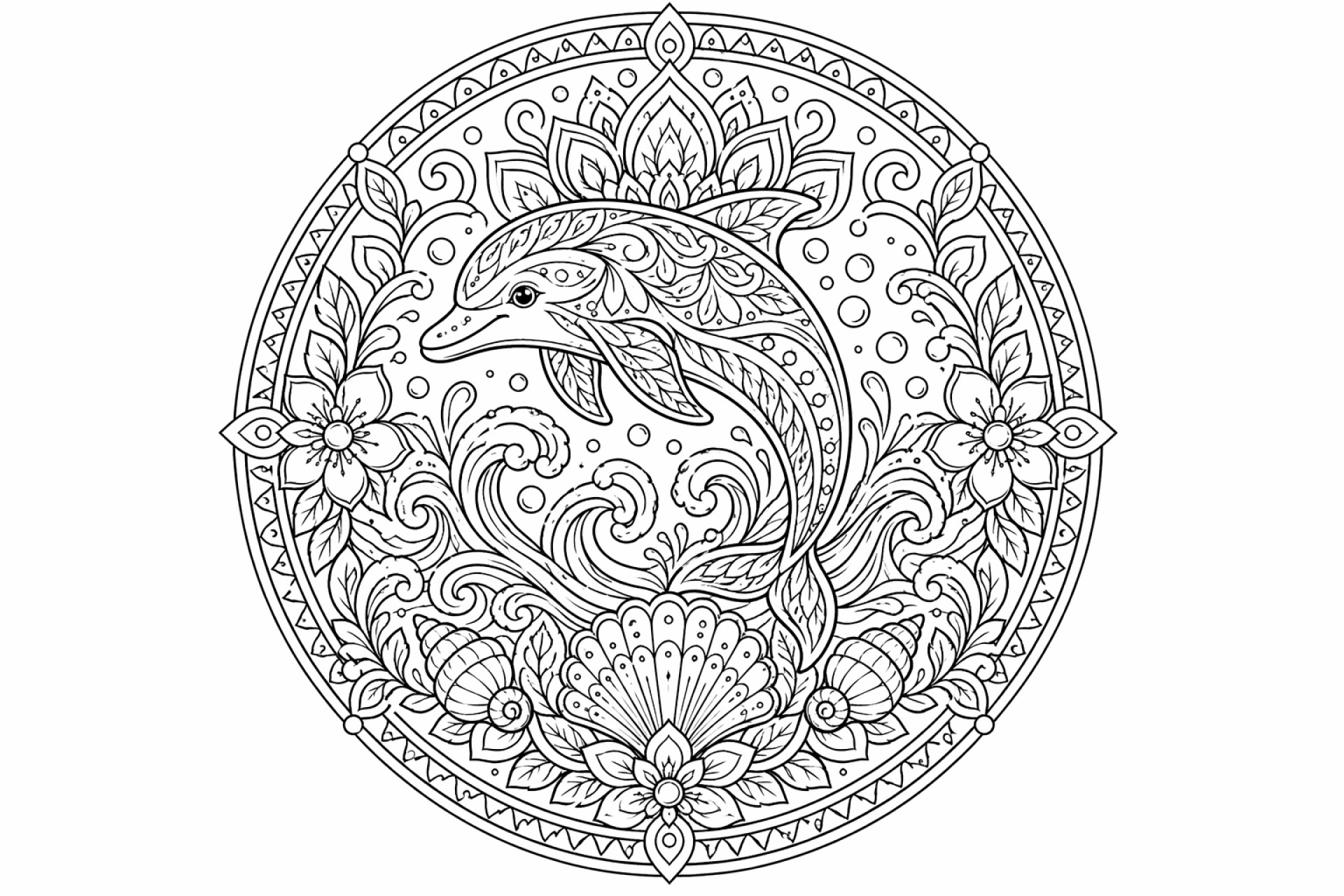 Delfinwellen-Mandala - Ausmalbild ab Erwachsene