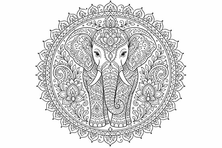 Elefantenornament-Mandala - Ausmalbild ab Erwachsene