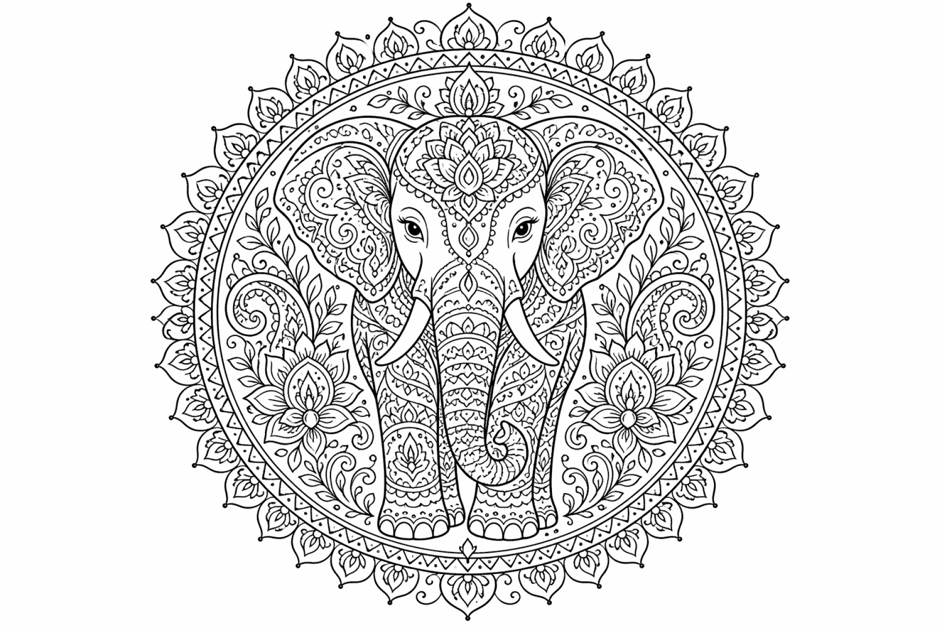 Elefantenornament-Mandala - Ausmalbild ab Erwachsene