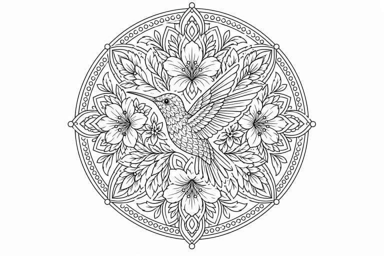 Kolibri-Blütenmandala - Ausmalbild ab Erwachsene