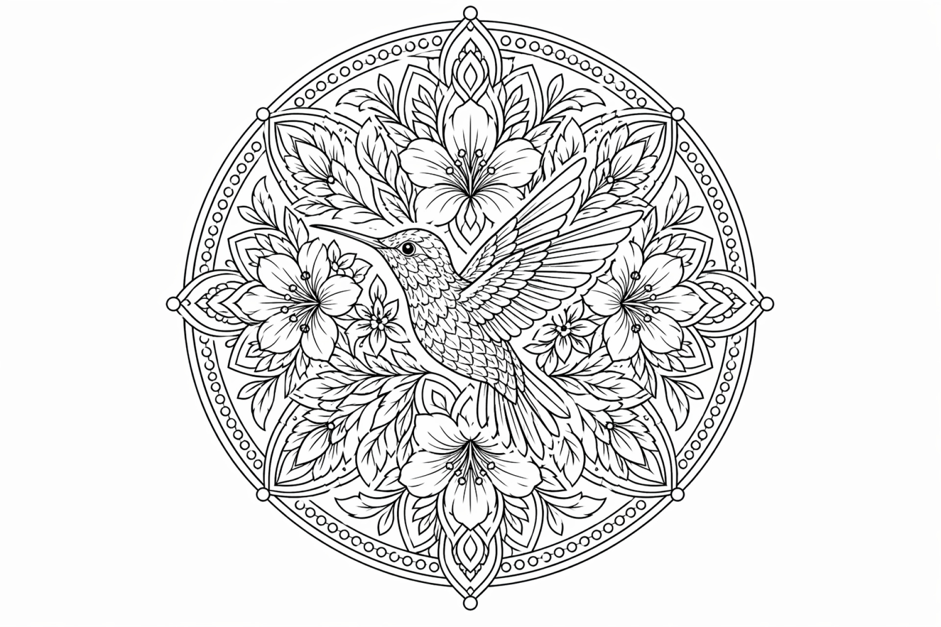 Kolibri-Blütenmandala - Ausmalbild ab Erwachsene