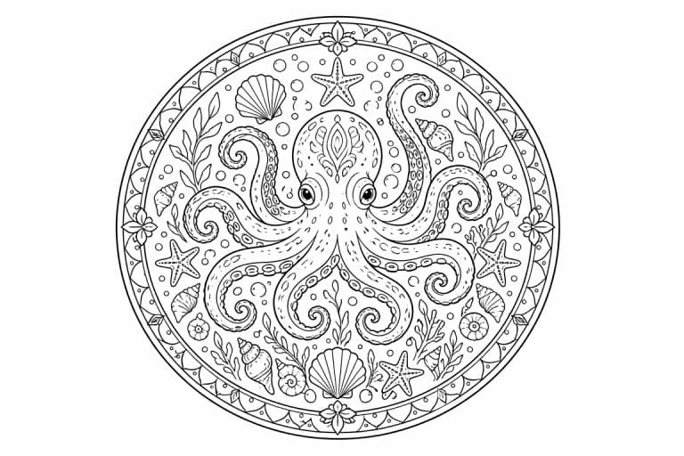 Oktopus-Meeresmandala - Ausmalbild ab Erwachsene