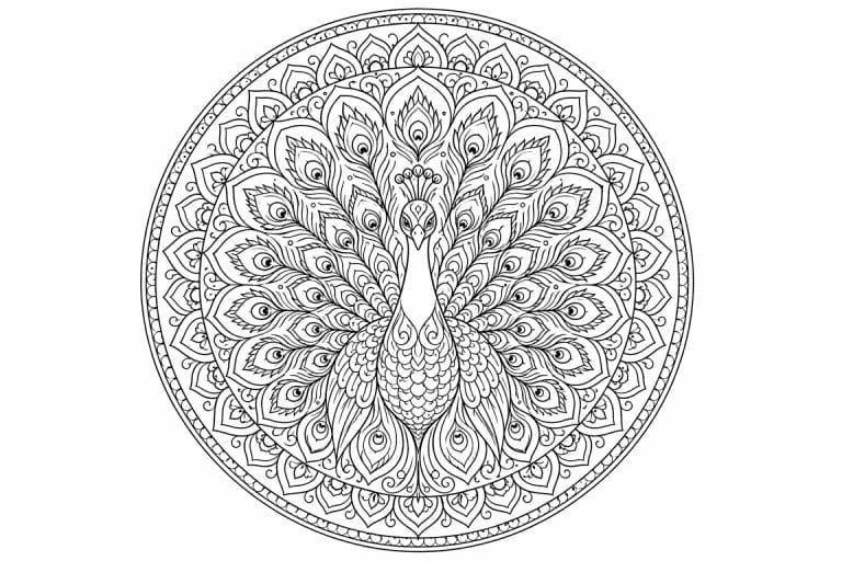 Pfauenfeder-Mandala - Ausmalbild ab Erwachsene