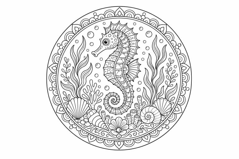Seepferdchen-Korallenmandala - Ausmalbild ab Erwachsene