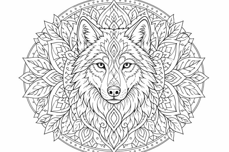 Wolf Mandala - Ausmalbild ab Erwachsene