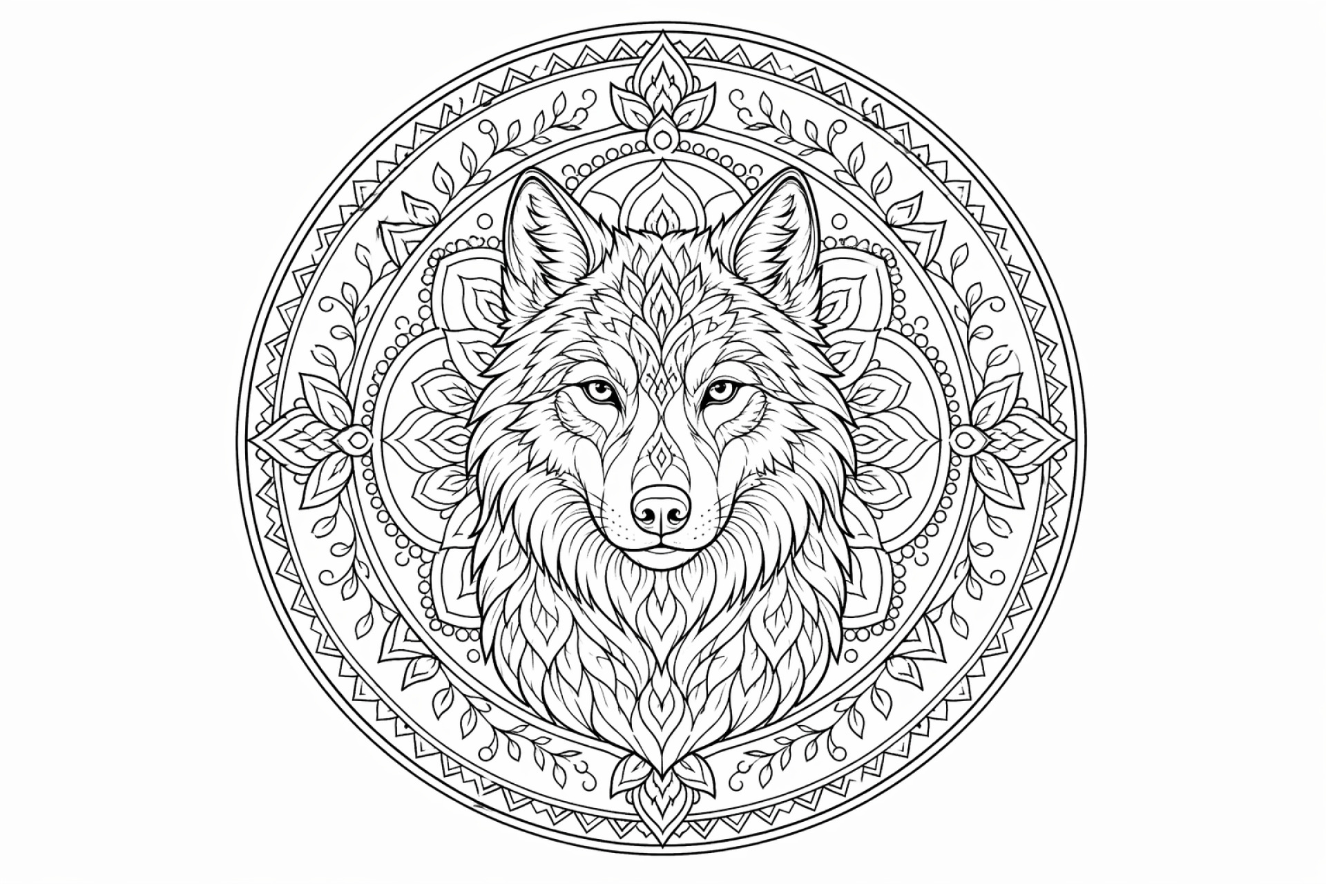 Wolfskopf-Mandala - Ausmalbild ab Erwachsene
