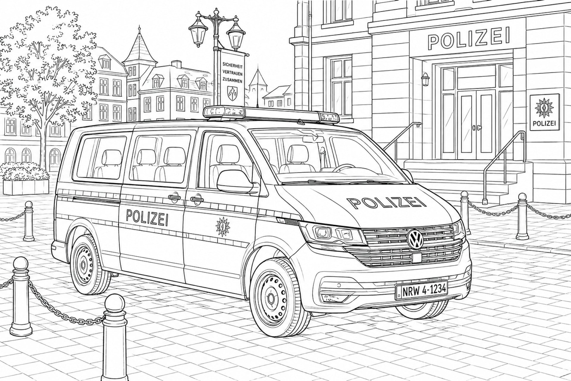Deutscher Polizeibus vor der Wache - Ausmalbild ab 11 Jahren