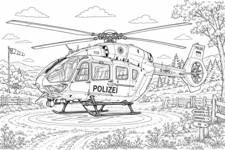 Deutscher Polizeihubschrauber - Ausmalbild ab 11 Jahren