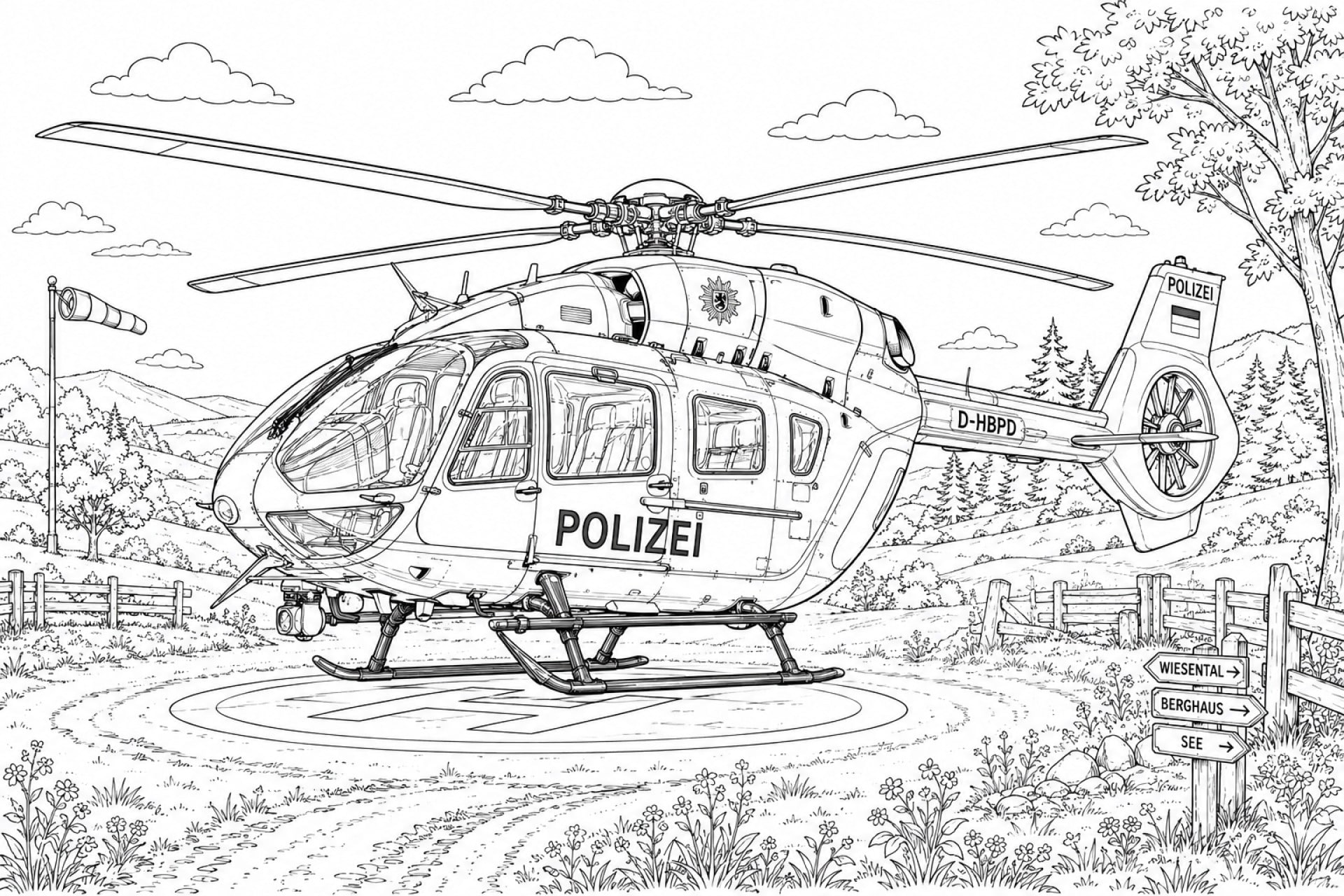 Deutscher Polizeihubschrauber - Ausmalbild ab 11 Jahren