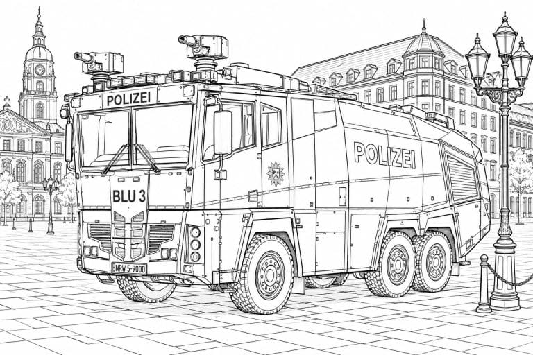 Deutscher Wasserwerfer auf dem Stadtplatz - Ausmalbild ab 11 Jahren