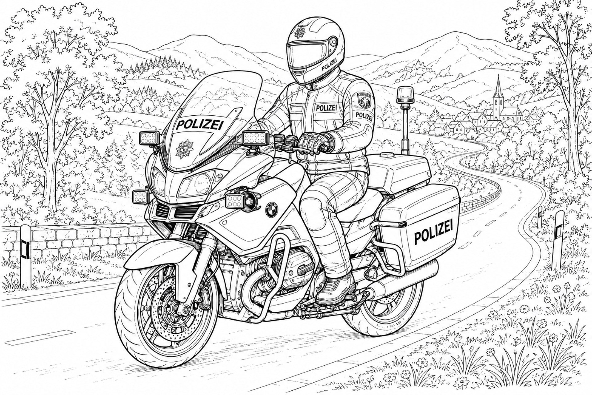 Deutsches Polizeimotorrad - Ausmalbild ab 11 Jahren