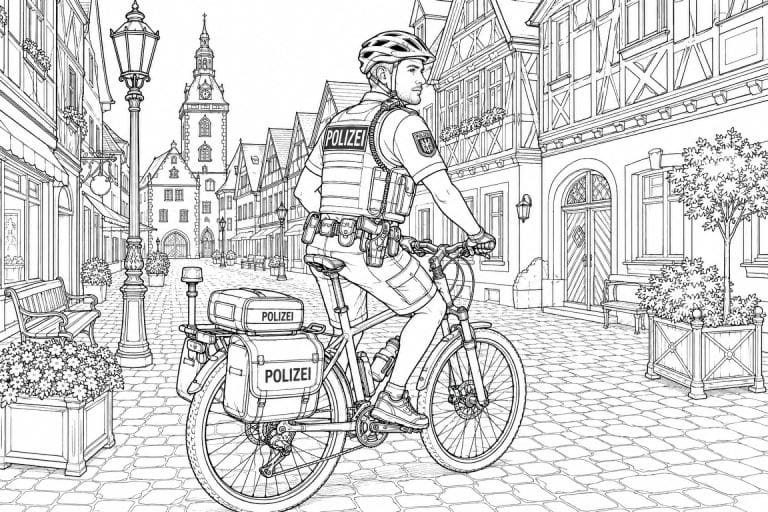 Fahrradpolizist in der Altstadt - Ausmalbild ab 11 Jahren