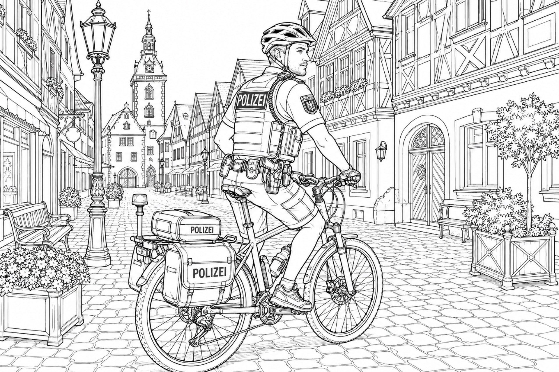 Fahrradpolizist in der Altstadt - Ausmalbild ab 11 Jahren