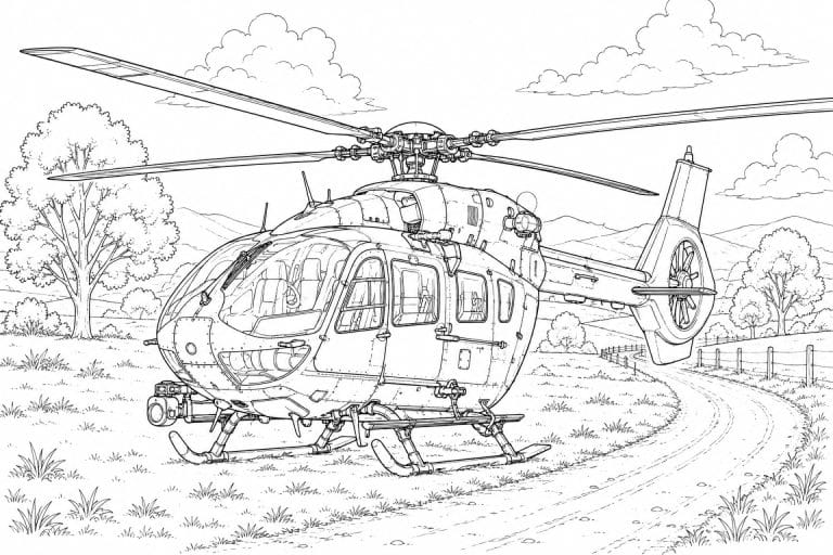 Polizei Hubschrauber auf dem Land - Ausmalbild ab 11 Jahren