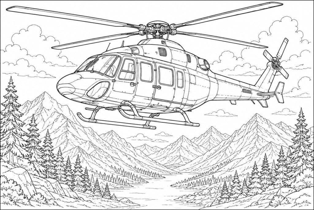 Polizei Hubschrauber über den Bergen - Ausmalbild ab 11 Jahren
