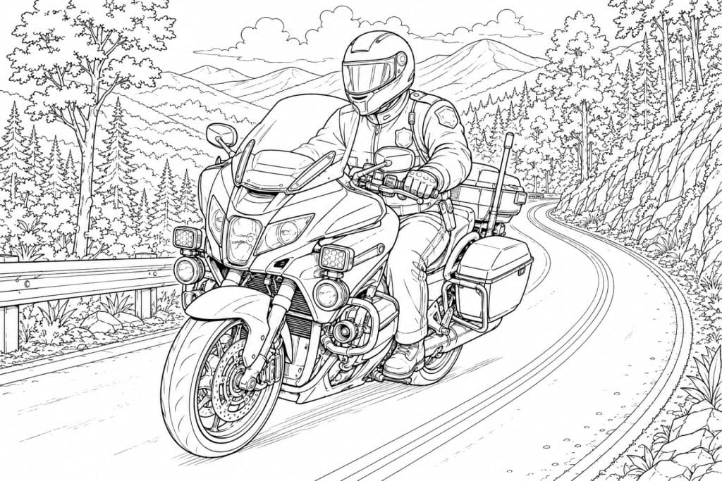 Polizei Motorrad auf der Bergstraße - Ausmalbild ab 11 Jahren