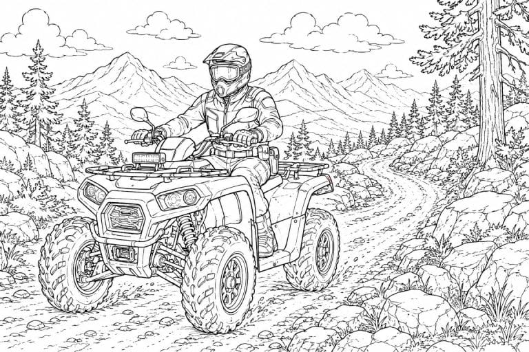 Polizei Quad auf dem Bergweg - Ausmalbild ab 11 Jahren