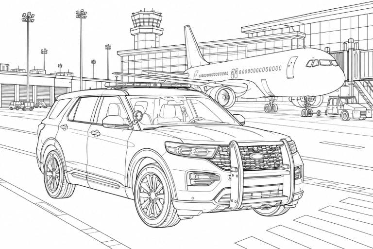 Polizei SUV am Flughafen - Ausmalbild ab 11 Jahren