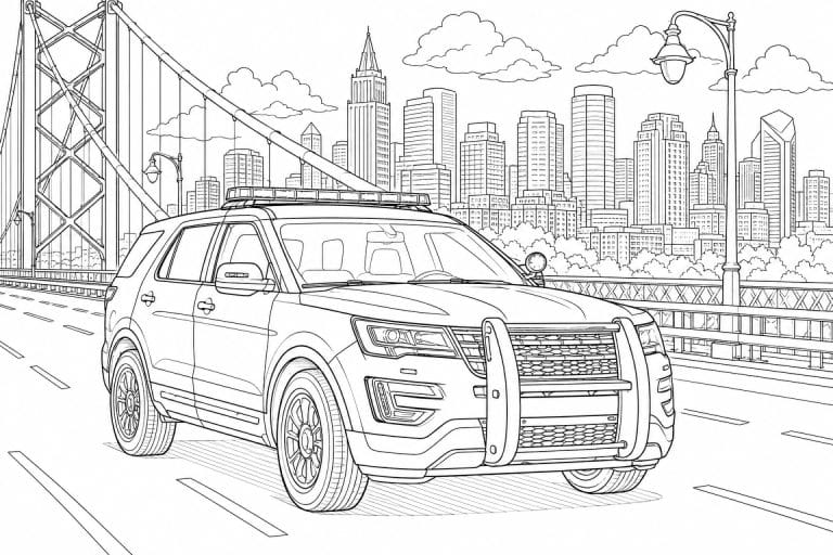 Polizei SUV auf der Stadtbrücke - Ausmalbild ab 11 Jahren