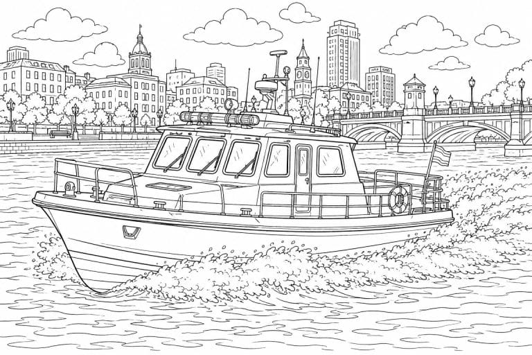 Polizeiboot auf dem Fluss - Ausmalbild ab 11 Jahren