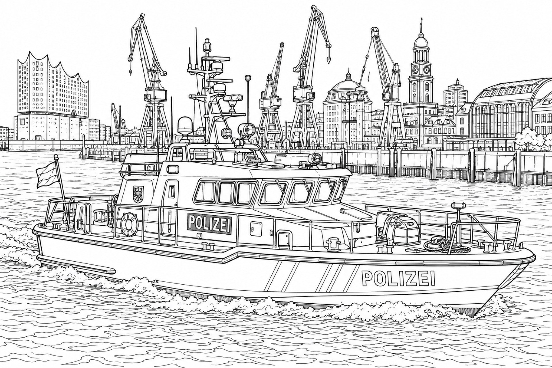 Polizeiboot im Hafen - Ausmalbild ab 11 Jahren