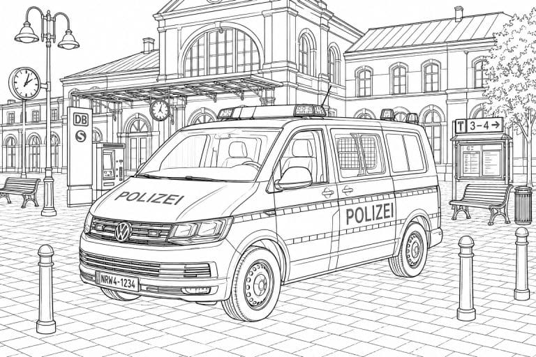 Polizeibus am Bahnhof - Ausmalbild ab 11 Jahren