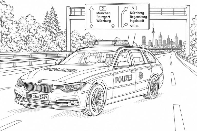 Polizeikombi auf der Autobahn - Ausmalbild ab 11 Jahren