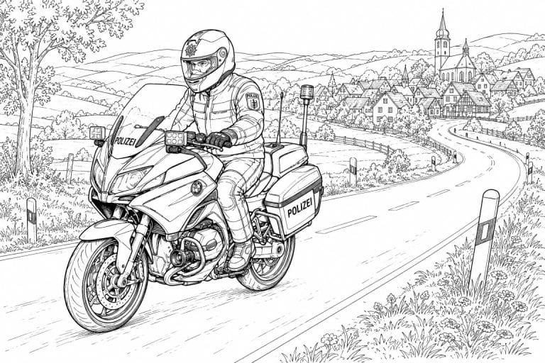 Polizeimotorrad auf der Landstraße - Ausmalbild ab 11 Jahren