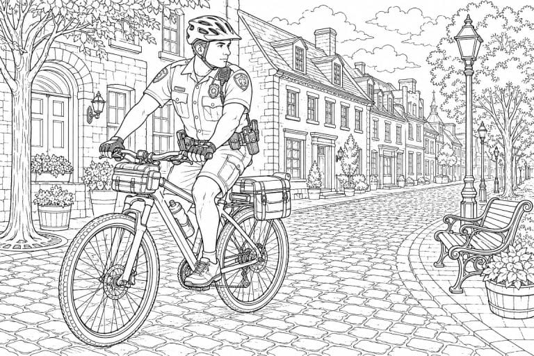 Polizist auf dem Fahrrad - Ausmalbild ab 11 Jahren