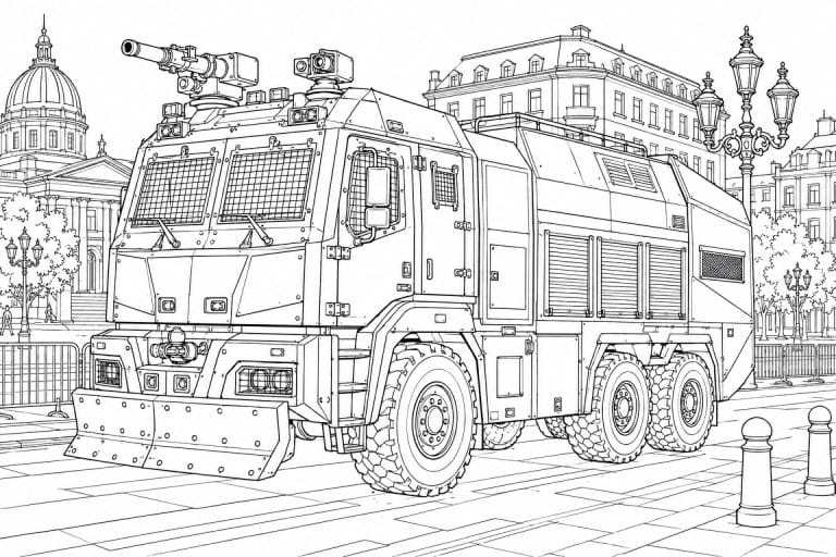 Schwerer Polizei Einsatzwagen - Ausmalbild ab 11 Jahren