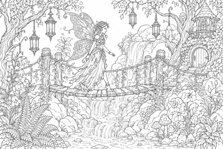 Fee auf der Brücke am Wasserfall - Ausmalbild ab 11 Jahren