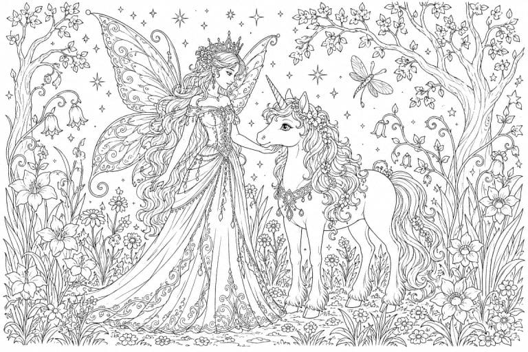 Fee mit Einhorn auf der Zauberwiese - Ausmalbild ab 11 Jahren