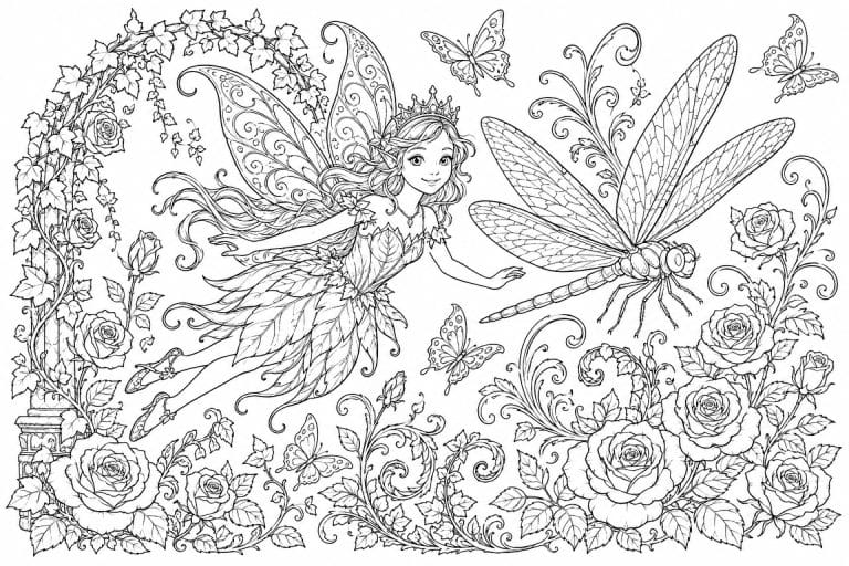 Fee mit Libelle im Rosengarten - Ausmalbild ab 11 Jahren