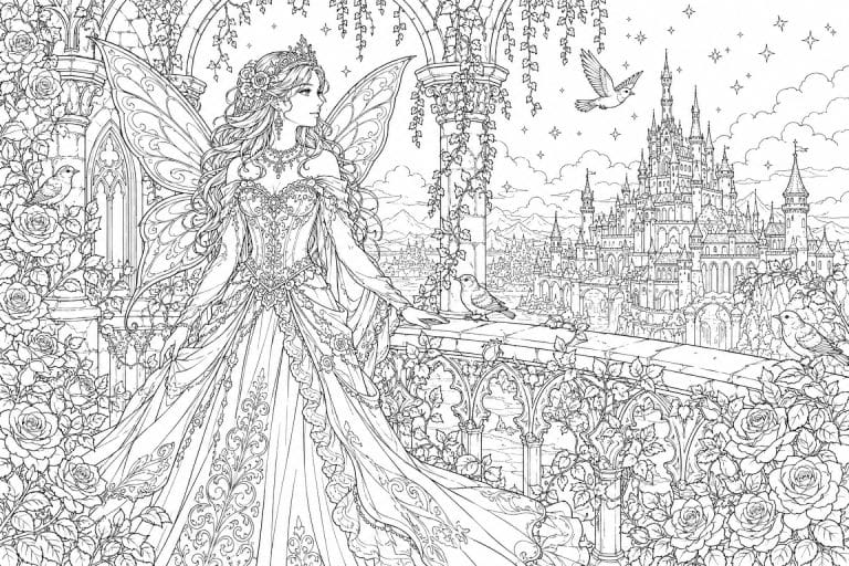 Feenprinzessin auf dem Schlossbalkon - Ausmalbild ab 11 Jahren