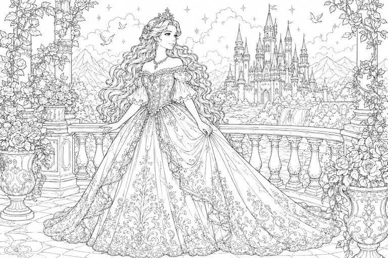 Prinzessin auf dem Schlossbalkon - Ausmalbild ab 11 Jahren