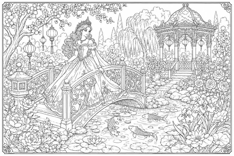 Prinzessin auf der Gartenbrücke mit Kois - Ausmalbild ab 11 Jahren