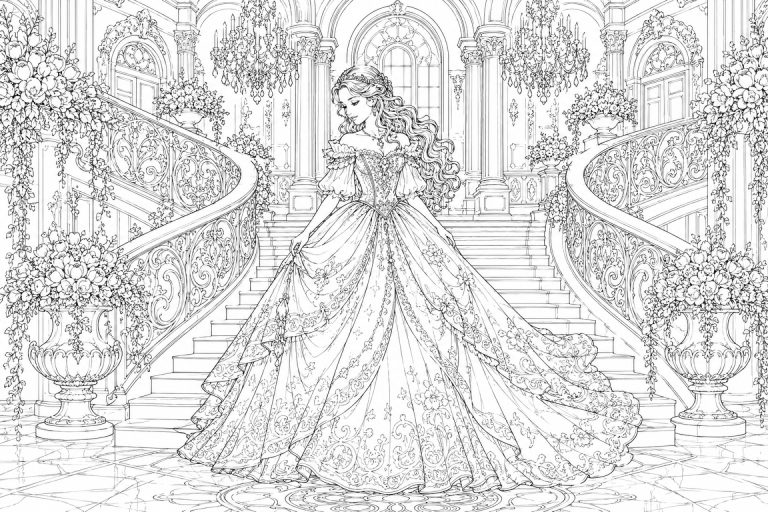 Prinzessin auf der großen Schlosstreppe - Ausmalbild ab 11 Jahren