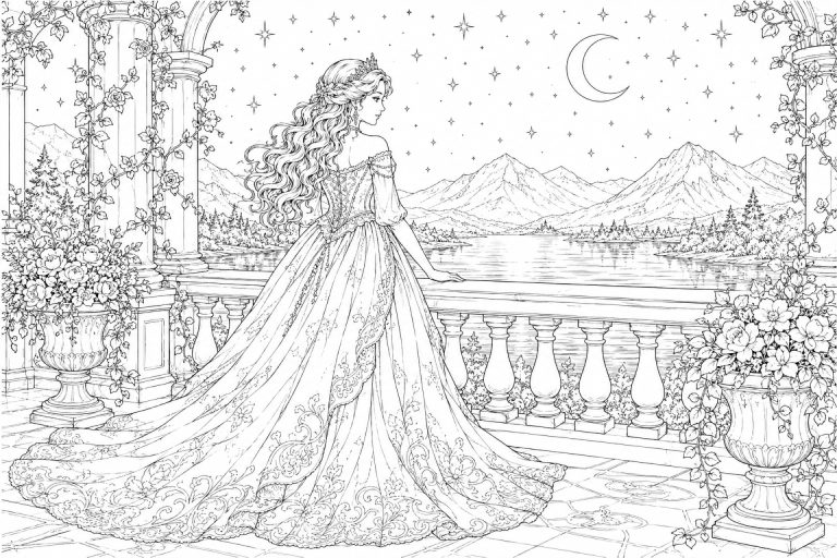 Prinzessin auf der Mondterrasse - Ausmalbild ab 11 Jahren