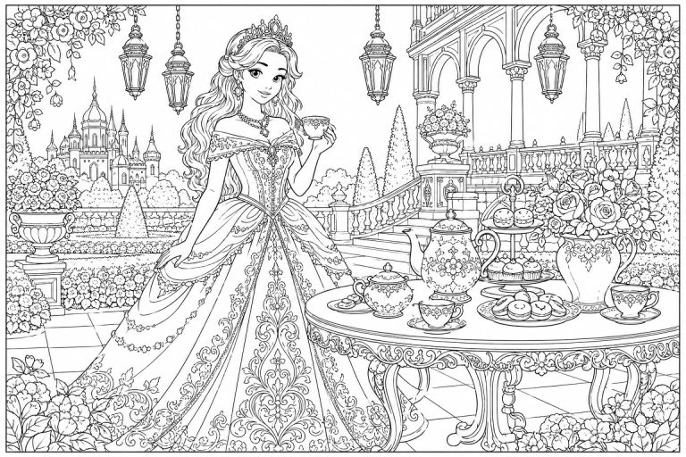 Prinzessin bei der Teestunde im Schlossgarten - Ausmalbild ab 11 Jahren