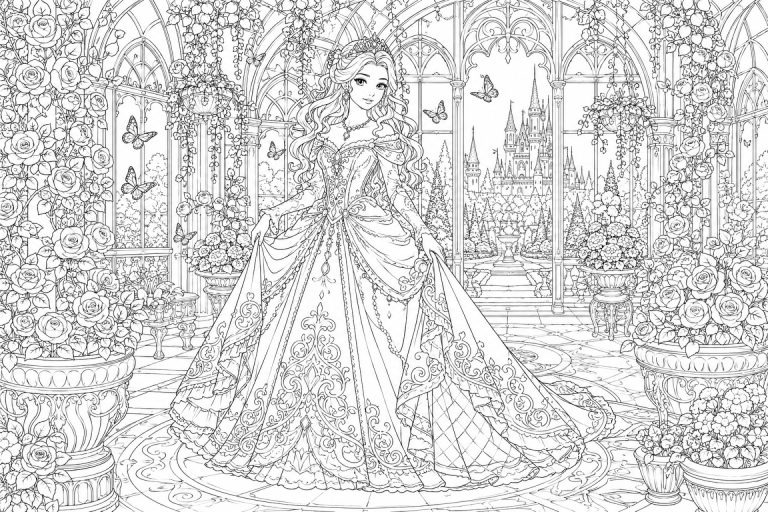 Prinzessin im blühenden Wintergarten - Ausmalbild ab 11 Jahren