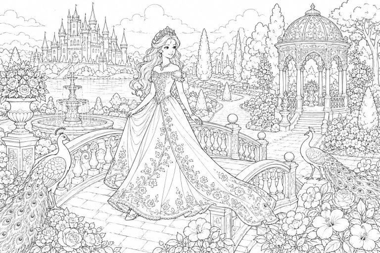 Prinzessin im königlichen Garten mit Pfauen - Ausmalbild ab 11 Jahren