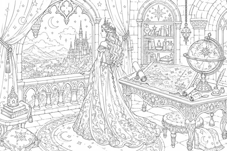 Prinzessin im königlichen Kartenzimmer - Ausmalbild ab 11 Jahren