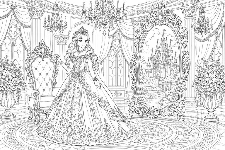 Prinzessin im königlichen Spiegelsaal - Ausmalbild ab 11 Jahren