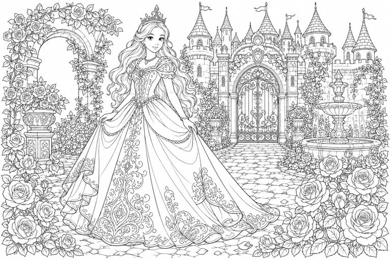 Prinzessin im Rosengarten vor dem Schloss - Ausmalbild ab 11 Jahren