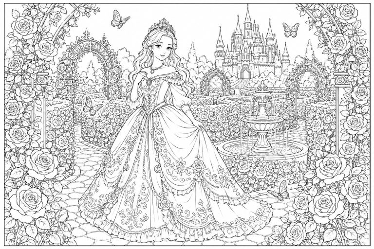 Prinzessin im Rosenlabyrinth - Ausmalbild ab 11 Jahren