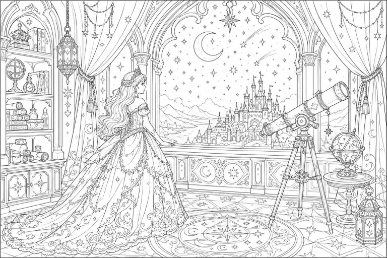 Prinzessin im Sternenzimmer - Ausmalbild ab 11 Jahren