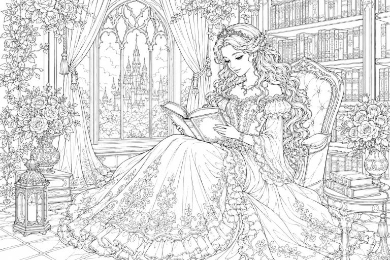Prinzessin in der königlichen Bibliothek - Ausmalbild ab 11 Jahren