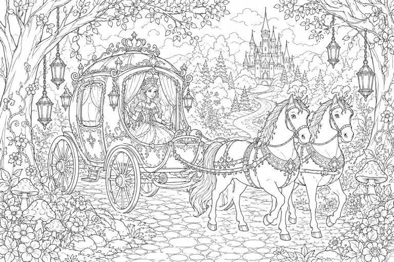 Prinzessin in der Märchenkutsche - Ausmalbild ab 11 Jahren