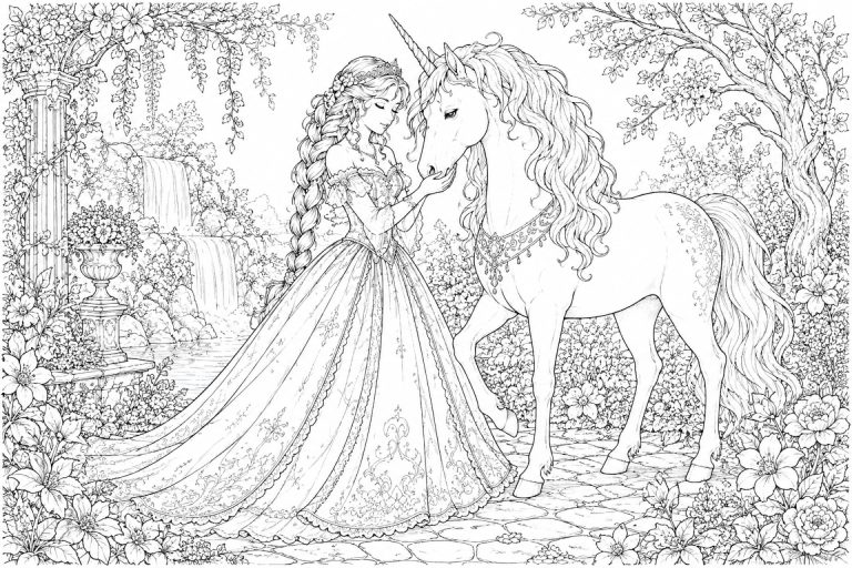 Prinzessin mit Einhorn im Zaubergarten - Ausmalbild ab 11 Jahren