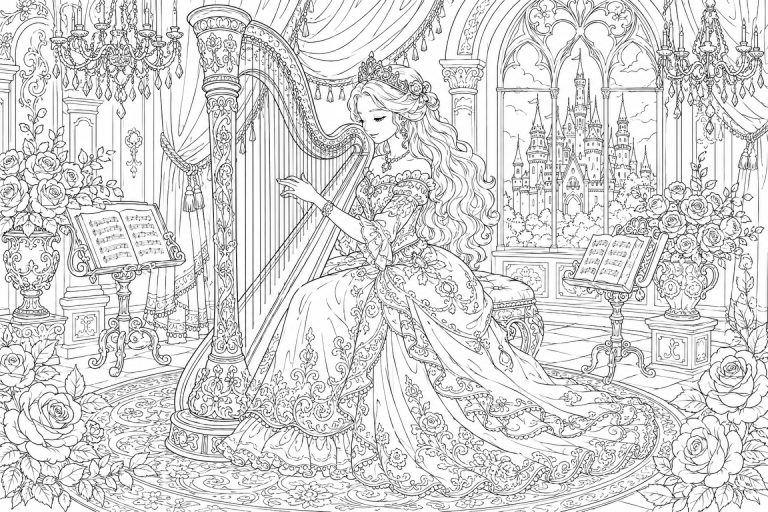 Prinzessin mit Harfe im Schloss - Ausmalbild ab 11 Jahren